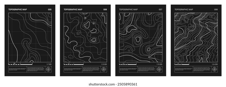 Retro futuristic topographic map, relief contour posters set. Abstract line represents land elevation with minimalist art style design. Cartography terrain pattern. Modern monochrome brutalism print