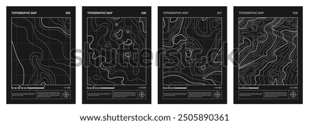 Retro futuristic topographic map, relief contour posters set. Abstract line represents land elevation with minimalist art style design. Cartography terrain pattern. Modern monochrome brutalism print