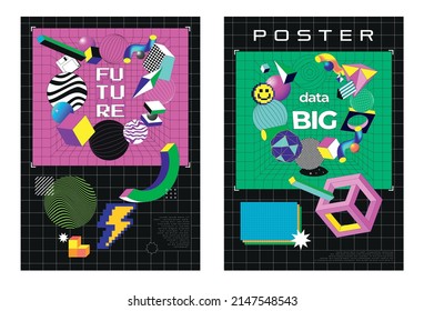Retro futuristic trendy 3D poster design. Fashion elements in the style of vaporwave 80-90s.Old wave cyberpunk concept. Shapes design elements for disco genre, retro party.