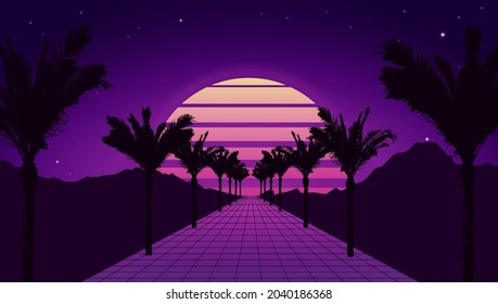 Retro futuristic tropical road with mountains, sunset and palm trees. Retrowave and synthwave style illustration of road, sun, mountain and palms. Retro poster or banner design in 1980s style. Vector.
