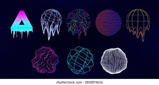 Retro futuristic Universal shapes - spheres and circle elements with glitch, defect, or liquid effect. Design memphis elements in vaporwave and synthwave style. Vector glitch shapes on 80s-90s. Vector