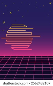 Retro futuristic vaporwave background with neon grid, geometric sunset, and starry sky gradient. Nostalgia vertical abstract vector poster with copy space