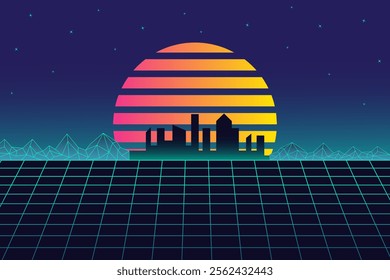 Retro futuristic vaporwave cityscape with grid foreground, neon sunset, and geometric mountains under a starry sky. Nostalgia abstract vector poster with copy space.