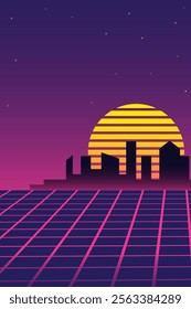 Retro futuristic vaporwave cityscape with neon grid, silhouetted skyline, and striped sunset under starry sky. Nostalgia vertical abstract vector poster with copy space