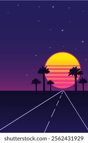 Retro futuristic vaporwave landscape with glowing sunset, palm trees, and road leading into the horizon under a starry sky. Nostalgia vertical abstract vector poster with copy space