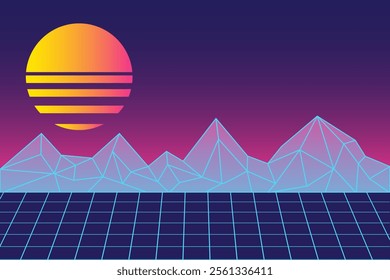 Retro futuristic vaporwave landscape with neon grid, polygon mountains, and vibrant striped sun against a gradient sky. Nostalgia abstract vector poster with copy space.