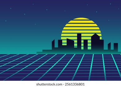 Retro futuristic vaporwave landscape with neon grid, silhouetted city skyline, and striped sun on starry night sky. Nostalgia abstract vector poster with copy space. Good for banner or background