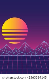 Retro futuristic vaporwave landscape with neon grid, geometric mountains, and a vibrant sunset gradient sky. Nostalgia vertical abstract vector poster with copy space