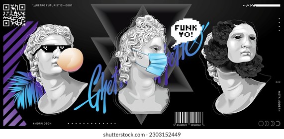 Retro futuristic vector with 3D Apollo ancient statues. Modern abstract techno design elements. Typography, streetwear, t-shirt print design.