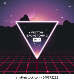 Retro futuristic vector background with triangle in front of stars sky.