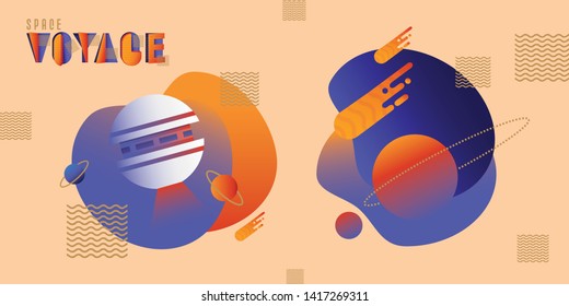 Retro futuristic vector illustration set with ufo flying object, comets and planets in vibrant contrasting colors