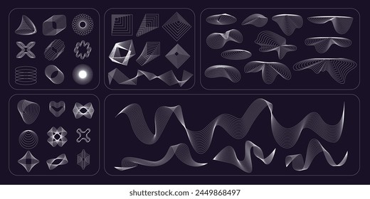 Retro futuristic vector line abstract design elements, figures, forms. Geometrical shapes, grid textures, backgrounds. Brutalism style.