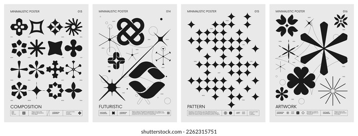 Retro futuristic vector minimalistic Posters and silhouette basic figures  extraordinary graphic elements geometrical shapes composition  Modern monochrome print brutalism  set 4