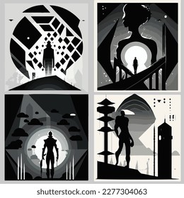 Retro futuristic vector minimalistic Posters with silhouette basic figures, extraordinary graphic elements of geometrical shapes composition, Modern monochrome print brutalism, set 4