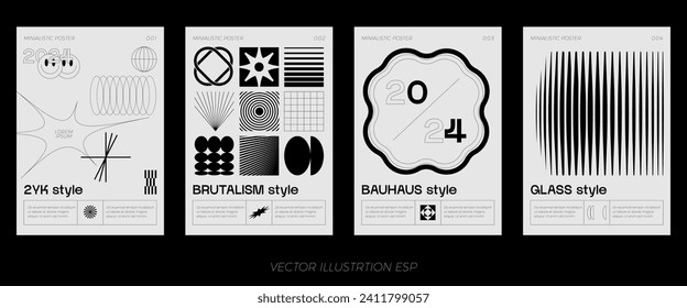 Retro futuristic vector minimalistic Posters with silhouette basic figures, Modern monochrome print brutalism, extraordinary graphic elements of geometrical shapes composition.