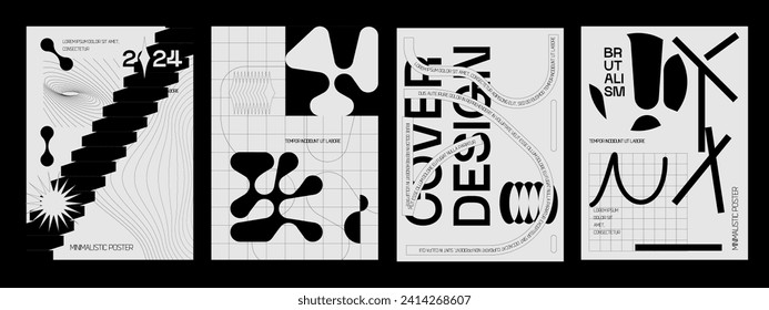 Retro futuristic vector minimalistic Posters with silhouette basic figures, Modern monochrome print brutalism, extraordinary graphic elements of geometrical shapes composition.