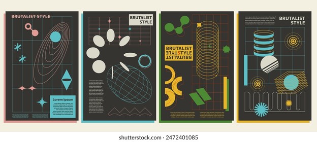 Retro futuristic vector minimalistic posters with silhouette basic figures, grids, modern monochrome print brutalism, extraordinary graphic elements of geometrical shapes composition