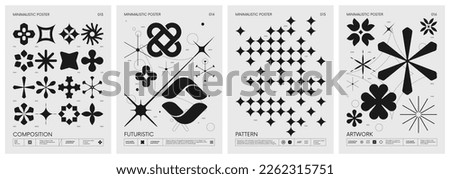 Retro futuristic vector minimalistic Posters with silhouette basic figures, extraordinary graphic elements of geometrical shapes composition, Modern monochrome print brutalism, set 4 Foto d'archivio © 