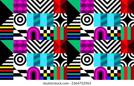 Retro futuristic vector pattern with geometric shapes. Simple form and a figure. Colorful Bauhaus background. Vintage graphics from 1980. 70s, 80s, 90s stile. Abstract design in the Scandinavian style