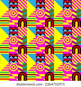 Retro futuristic vector pattern with geometric shapes. Simple form and a figure. Colorful Bauhaus background. Vintage graphics from 1980. 70s, 80s, 90s stile. Abstract design in the Scandinavian style