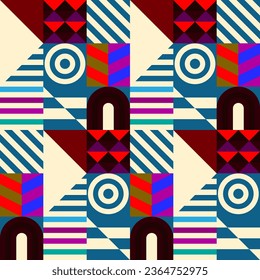 Retro futuristic vector pattern with geometric shapes. Simple form and a figure. Colorful Bauhaus background. Vintage graphics from 1980. 70s, 80s, 90s stile. Abstract design in the Scandinavian style