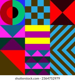 Retro futuristic vector pattern with geometric shapes. Simple form and a figure. Colorful Bauhaus background. Vintage graphics from 1980. 70s, 80s, 90s stile. Abstract design in the Scandinavian style