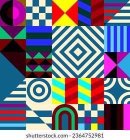 Retro futuristic vector pattern with geometric shapes. Simple form and a figure. Colorful Bauhaus background. Vintage graphics from 1980. 70s, 80s, 90s stile. Abstract design in the Scandinavian style