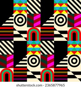 Retro futuristic vector pattern with geometric shapes. Simple form and a figure. Colorful Bauhaus background. Vintage graphics from 1980. 70s, 80s, 90s stile. Abstract design in the Scandinavian style