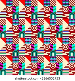 Retro futuristic vector pattern with geometric shapes. Simple form and a figure. Colorful Bauhaus background. Vintage graphics from 1980. 70s, 80s, 90s stile. Abstract design in the Scandinavian style