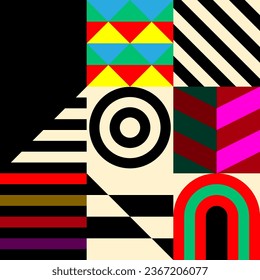 Retro futuristic vector pattern with geometric shapes. Simple form and a figure. Colorful Bauhaus background. Vintage graphics from 1980. 70s, 80s, 90s stile. Abstract design in the Scandinavian style