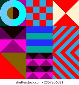 Retro futuristic vector pattern with geometric shapes. Simple form and a figure. Colorful Bauhaus background. Vintage graphics from 1980. 70s, 80s, 90s stile. Abstract design in the Scandinavian style