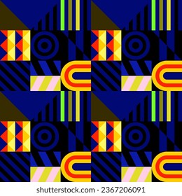 Retro futuristic vector pattern with geometric shapes. Simple form and a figure. Colorful Bauhaus background. Vintage graphics from 1980. 70s, 80s, 90s stile. Abstract design in the Scandinavian style