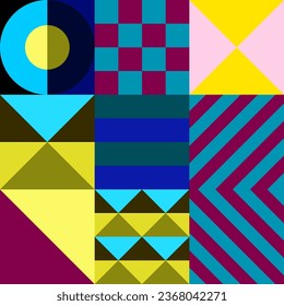 Retro futuristic vector pattern with geometric shapes. Simple form and a figure. Colorful Bauhaus background. Vintage graphics from 1980. 70s, 80s, 90s stile. Abstract design in the Scandinavian style