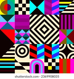 Retro futuristic vector pattern with geometric shapes. Simple form and a figure. Colorful Bauhaus background. Vintage graphics from 1980. 70s, 80s, 90s stile. Abstract design in the Scandinavian style