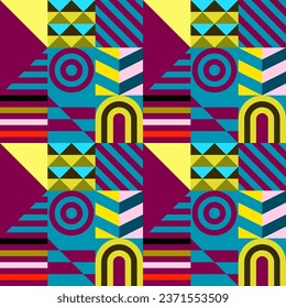 Retro futuristic vector pattern with geometric shapes. Simple form and a figure. Colorful Bauhaus background. Vintage graphics from 1980. 70s, 80s, 90s stile. Abstract design in the Scandinavian style