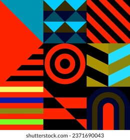 Patrón vectorial retro futurista con formas geométricas. Forma simple y figura. Colorido fondo Bauhaus. Gráficos antiguos de 1980. 70, 80, 90. Diseño abstracto al estilo escandinavo