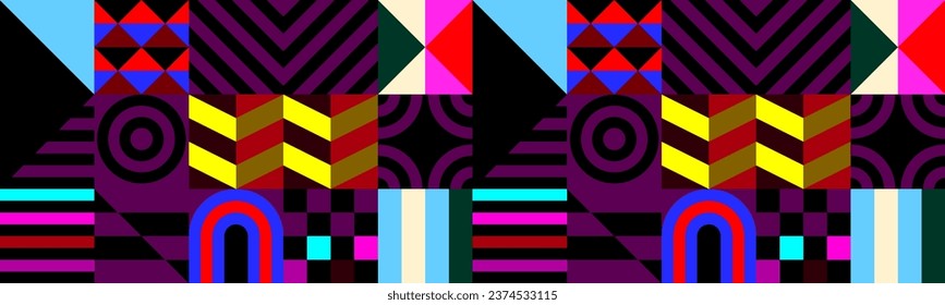 Retro futuristic vector pattern with geometric shapes. Simple form and a figure. Colorful Bauhaus background. Vintage graphics from 1980. 70s, 80s, 90s stile. Abstract design in the Scandinavian style