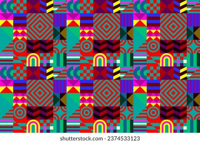 Retro futuristic vector pattern with geometric shapes. Simple form and a figure. Colorful Bauhaus background. Vintage graphics from 1980. 70s, 80s, 90s stile. Abstract design in the Scandinavian style