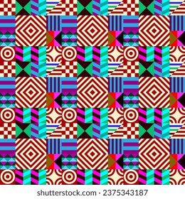 Retro futuristic vector pattern with geometric shapes. Simple form and a figure. Colorful Bauhaus background. Vintage graphics from 1980. 70s, 80s, 90s stile. Abstract design in the Scandinavian style