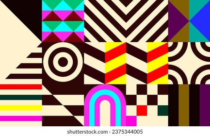 Retro futuristic vector pattern with geometric shapes. Simple form and a figure. Colorful Bauhaus background. Vintage graphics from 1980. 70s, 80s, 90s stile. Abstract design in the Scandinavian style