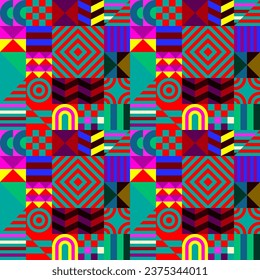 Retro futuristic vector pattern with geometric shapes. Simple form and a figure. Colorful Bauhaus background. Vintage graphics from 1980. 70s, 80s, 90s stile. Abstract design in the Scandinavian style
