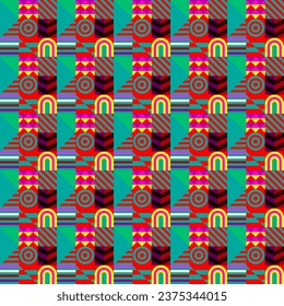 Retro futuristic vector pattern with geometric shapes. Simple form and a figure. Colorful Bauhaus background. Vintage graphics from 1980. 70s, 80s, 90s stile. Abstract design in the Scandinavian style
