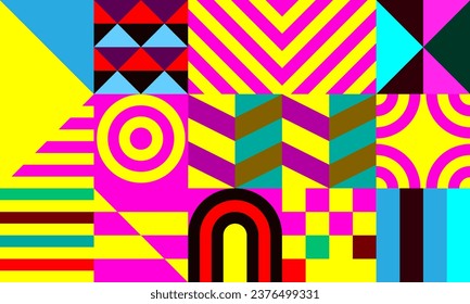 Retro futuristic vector pattern with geometric shapes. Simple form and a figure. Colorful Bauhaus background. Vintage graphics from 1980. 70s, 80s, 90s stile. Abstract design in the Scandinavian style