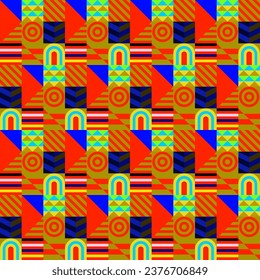 Retro futuristic vector pattern with geometric shapes. Simple form and a figure. Colorful Bauhaus background. Vintage graphics from 1980. 70s, 80s, 90s stile. Abstract design in the Scandinavian style