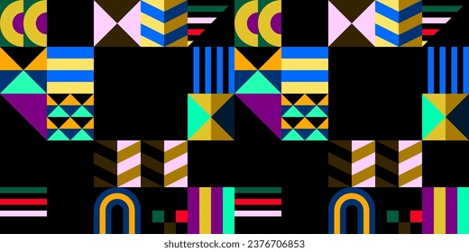 Retro futuristic vector pattern with geometric shapes. Simple form and a figure. Colorful Bauhaus background. Vintage graphics from 1980. 70s, 80s, 90s stile. Abstract design in the Scandinavian style