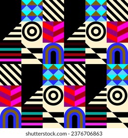 Retro futuristic vector pattern with geometric shapes. Simple form and a figure. Colorful Bauhaus background. Vintage graphics from 1980. 70s, 80s, 90s stile. Abstract design in the Scandinavian style