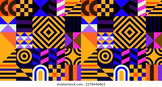 Patrón vectorial retro futurista con formas geométricas. Forma simple y figura. Colorido fondo Bauhaus. Gráficos antiguos de 1980. 70, 80, 90. Diseño abstracto al estilo escandinavo