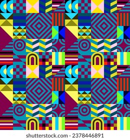 Retro futuristic vector pattern with geometric shapes. Simple form and a figure. Colorful Bauhaus background. Vintage graphics from 1980. 70s, 80s, 90s stile. Abstract design in the Scandinavian style