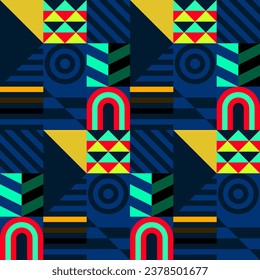 Retro futuristic vector pattern with geometric shapes. Simple form and a figure. Colorful Bauhaus background. Vintage graphics from 1980. 70s, 80s, 90s stile. Abstract design in the Scandinavian style