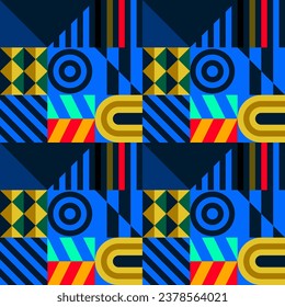 Retro futuristic vector pattern with geometric shapes. Simple form and a figure. Colorful Bauhaus background. Vintage graphics from 1980. 70s, 80s, 90s stile. Abstract design in the Scandinavian style